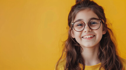 Portrait of a smiling girl in glasses on a yellow background. Teenager posing indoors. Lifestyle.