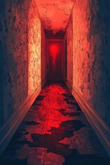 Poster - A Gloomy Red-Lit Hallway Leading to a Door