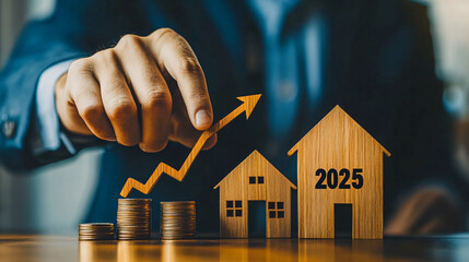 Poster - Businessman predicts rising home prices and promising real estate investment for 2025