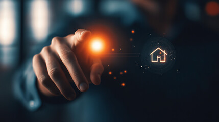 Aufkleber - Businessman touches a digital house icon on a touchscreen, symbolizing the real estate concept