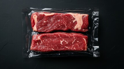 Freezer beefsteak in packaging on black background. Raw beef steak vacuum sealed bag for sell. Beef rib eye steak plastic pack. top view.