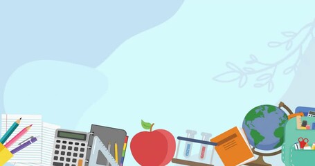 Wall Mural - Animation of school items icons with copy space on blue background