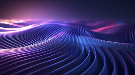 Wall Mural - Vibrant abstract waves in stunning purple and blue colors, creating a sense of depth and movement in a digital landscape. Product presentation background.