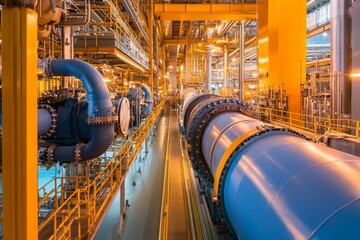 Inside a modern industrial facility showcasing blue pipelines and complex machinery in a vibrant, well-lit environment