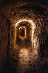 A dimly lit tunnel with a rough, textured surface and a light at the end