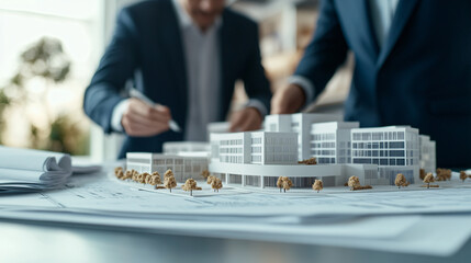 Poster - Two architects are discussing over architectural plans, with a scale model of a building complex