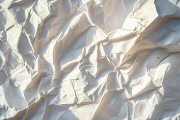 A close-up texture of crumpled notebook paper with deep creases and shadows, creating an abstract and textured surface in a neutral color palette