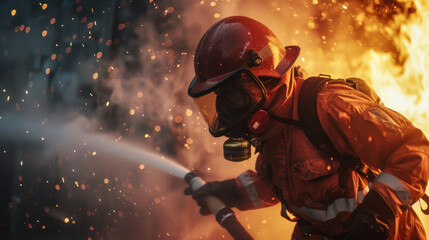 Close-up of a young firefighter extinguishing a strong flame on a mission. Rescue, danger concept.