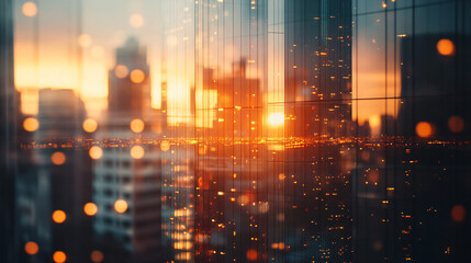 Fototapete - Modern glass office building is reflecting the golden sunset over a city skyline