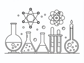 A minimalist illustration of scientific elements, including atoms, molecules, beakers, and test tubes, rendered in bold