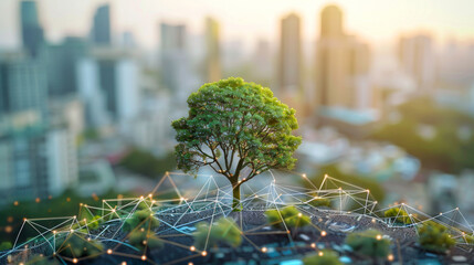 Wall Mural - A tree is growing in the middle of a city. The tree is surrounded by a network of lines, which gives the impression of a futuristic cityscape. Concept of hope and growth.