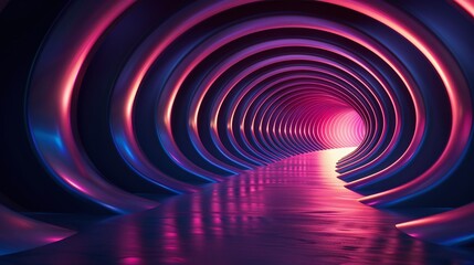 Vibrant tunnel with neon lights creates a futuristic pathway, showcasing an atmospheric blend of colors and reflections.