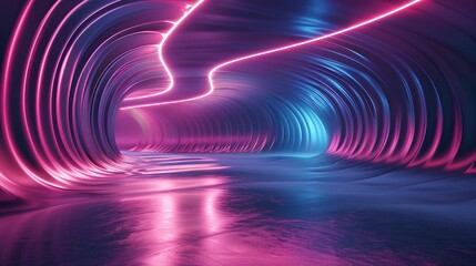 Wall Mural - Vibrant tunnel with neon lights, showcasing a blend of pink and blue reflections, creating an abstract futuristic atmosphere.