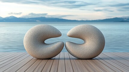 Wall Mural - Two rocks sitting on a wooden deck overlooking the ocean, AI