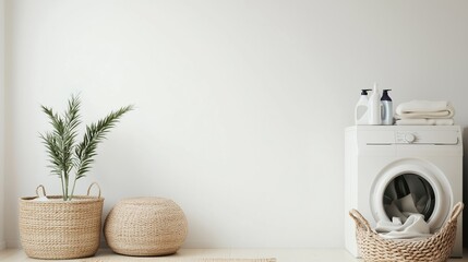 Wall Mural - Modern laundry room featuring woven baskets, a potted plant, and a washing machine with neatly arranged towels