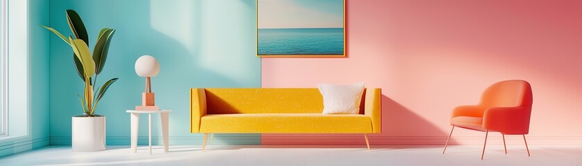 Canvas Print - Minimalist Living Room Interior with Yellow Sofa and Coral Chair.