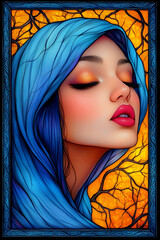 Sticker - A woman with blue hair and blue eyes is painted on a yellow background. The woman is wearing a blue hoodie and has a pink lip color. The painting has a calm and serene mood