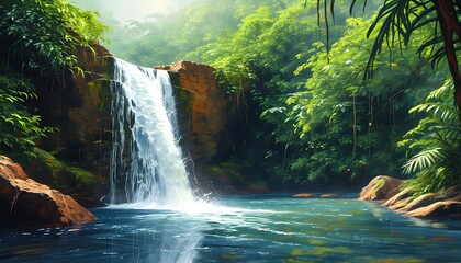 Wall Mural - Enchanting rainforest waterfall captured in an artistic painting style with textured brush strokes, showcasing the beauty of pure nature