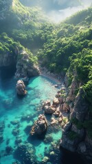 A stunning aerial view of a tropical coastline featuring lush green cliffs, clear turquoise waters, and rocky formations, evoking a serene and idyllic natural landscape