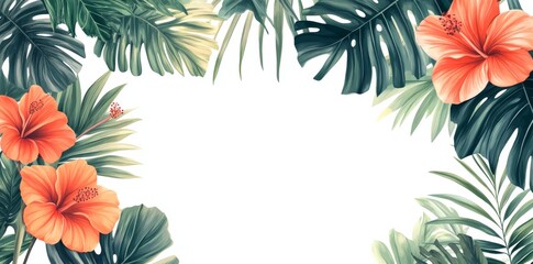 Wall Mural - Tropical floral border with leaves and flowers, vector illustration isolated on a white background.