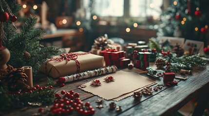 Canvas Print - Creating homemade Christmas cards with craft paper, stamps, and festive embellishments, laid out on a crafting table. 4K hyperrealistic photo.