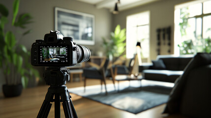 Poster - Modern living room being recorded or photographed by a professional camera on a tripod