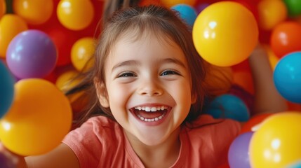 Poster - A little girl smiling in a ball pit filled with colorful balls, AI