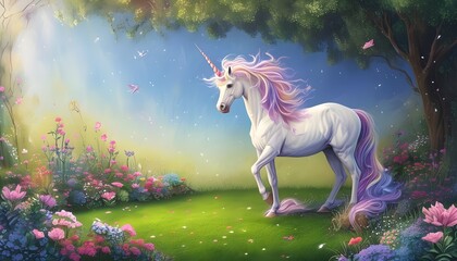 Wall Mural - Magical Unicorn in Enchanted Lawn - A Dreamy Fantasy Illustration for Fairytale-Inspired Home Decor