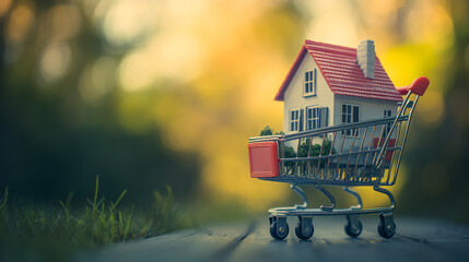 Aufkleber - Representation of real estate purchase: model house in miniature shopping cart outdoors