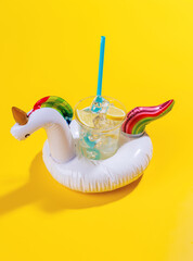 Poster - A vibrant summer vacation scene with floating flamingo and cocktail