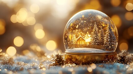 Canvas Print - Golden snow globe with a festive scene inside, surrounded by gold glitter that swirls beautifully when shaken. 4K hyperrealistic photo.