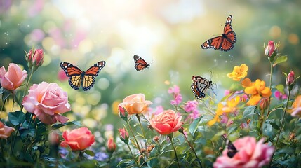 A garden full of blooming roses and wildflowers, with butterflies fluttering around, creating a peaceful and colorful environment