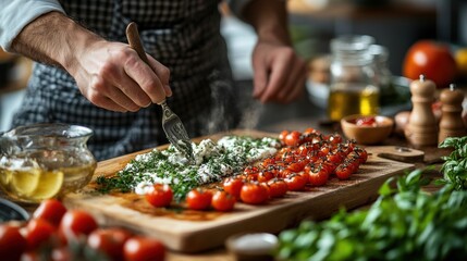 Wall Mural - Preparing fresh ingredients on a wooden board for cooking.