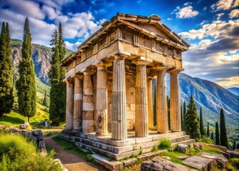 Ancient Greek ruins of the Athenian Treasury, a majestic Doric temple with iconic columns, stands proudly amidst lush