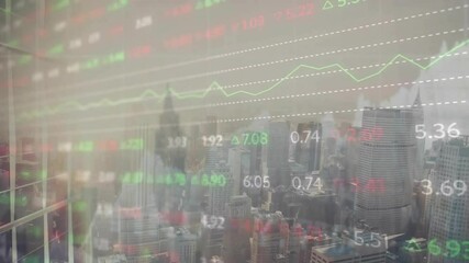 Sticker - Animation of diagrams and stock market over cityscape