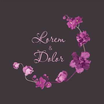 Isolated wreath with the handdrawn African violets