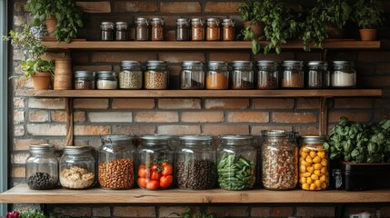 Wall Mural - Organized kitchen shelf with jars of spices, grains, and vegetables.