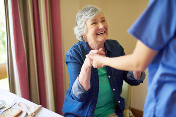 Poster - Nurse, senior woman and helping to lift in retirement home, kindness and support with rehabilitation. Female person, trust and holding hands for assisted living, rehabilitation and stroke recovery