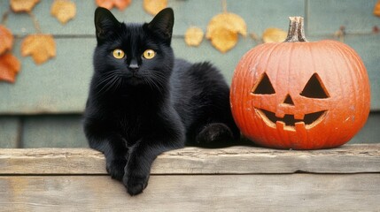 Sticker - A black cat sitting next to a carved pumpkin on the ground, AI