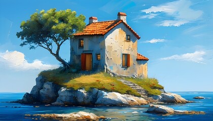 Wall Mural - Charming Island Retreat Under Blue Sky in Artistic Grungy Brush Stroke Illustration