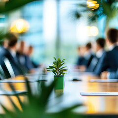 Canvas Print - Plant on a table with blurred business meeting in the background.