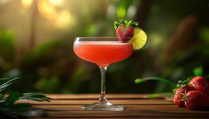 Strawberry and Lime Cocktail on Wooden Table with Lush Greenery Background