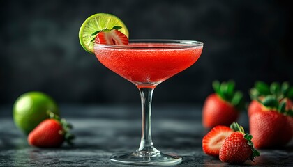 A Glass of Strawberry Margarita with Lime and Whole Strawberries