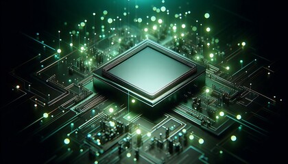 A computer chip with a green background. The chip is the center of the image