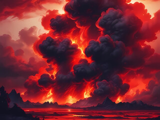 Black fiery red dramatic sky with clouds. Fire, war, explosion, catastrophe, flame. Horror concept. Web banner. Wide bloody red background with space for design. Panoramic.