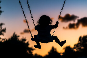 Wall Mural - A child swings against a colorful sunset backdrop, capturing a moment of joy and freedom.