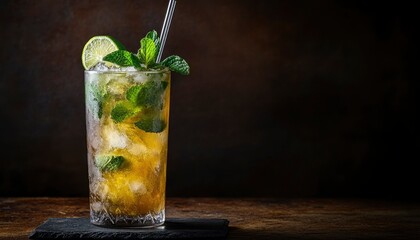 A Refreshing Cocktail with Lime and Mint Garnishes in a Tall Glass