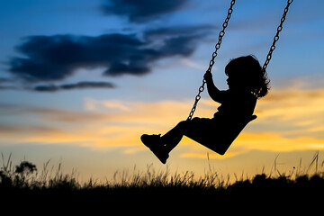 Wall Mural - A child swings against a colorful sunset, capturing a moment of joy and freedom.