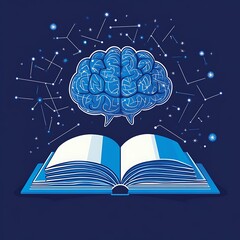 Poster - Blue Brain Hovering Over Open Book With Stars