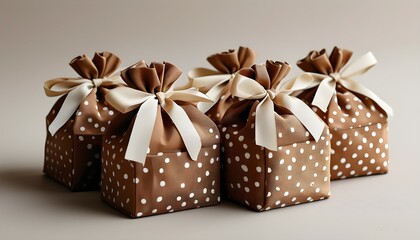 Poster - Charming collection of brown gift bags adorned with white polka dots and elegantly tied with beige ribbons